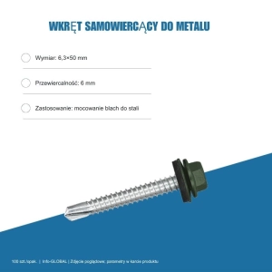 Wkręt samowiercący do metalu 6,3x50 mm, przewiercalność 6 mm, EPDM, 100 szt. – kolor do wyboru